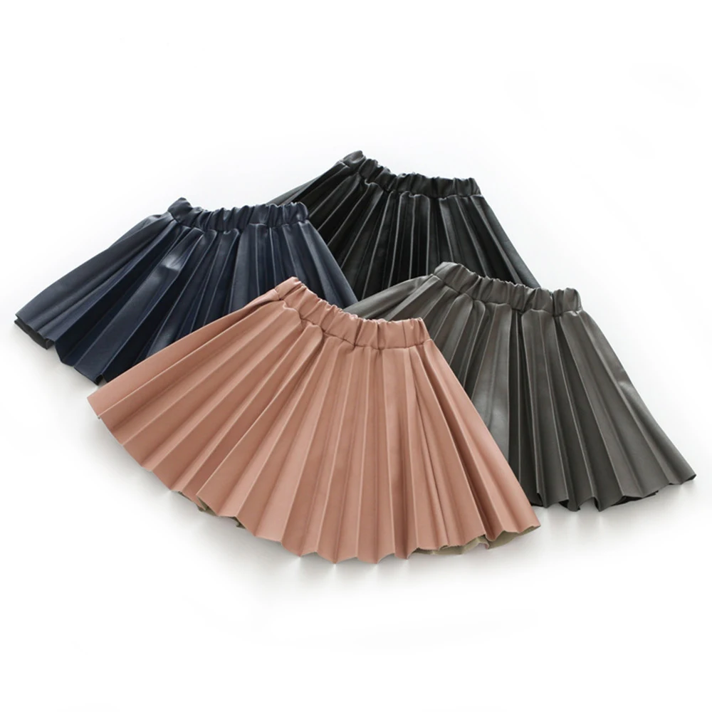 weLaken 3-10Y Kids Skirt for Girls Pleated Skirt Girl Solid PU Leather Skirts Christmas Tutu Children Clothing Kids Fall Outfits
