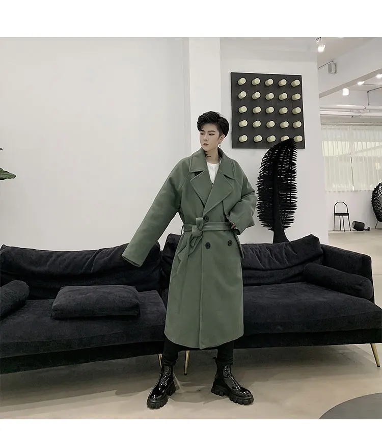 Male Vintage Streetwear Belt Wool Trench Coat Overcoat Men Autumn Winter Loose Long Double-breasted Woolen Jacket Windbreaker