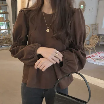 

Plain Ruffles Elegant Women Blouse Shirts 2020 Spring Lantern Sleeve Tops Shirts Korean Janpanese Casual Femme Blouse Shirts