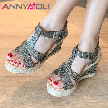 

ANNYMOLI Natural Genuine Leather Sandals Espadrille Platform Wedges Super High Heels T-strap Sandals Buckle Lady Shoes Green 42