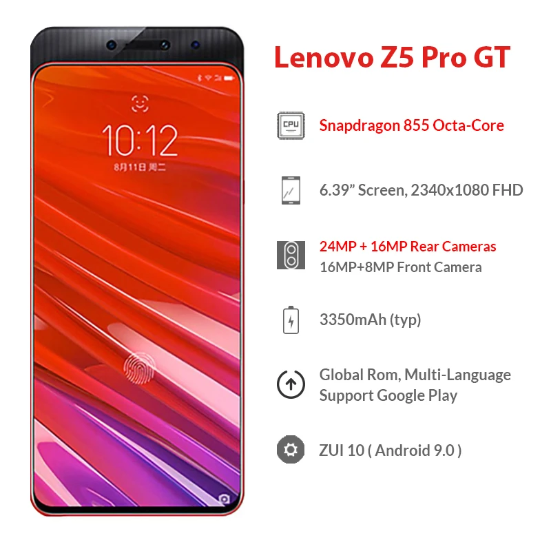 Смартфон lenovo Z5 Pro GT Snapdragon 855, 8 ГБ ОЗУ, 256 Гб ПЗУ, 6,39 дюйма, встроенный экран, отпечаток пальца, мобильный телефон