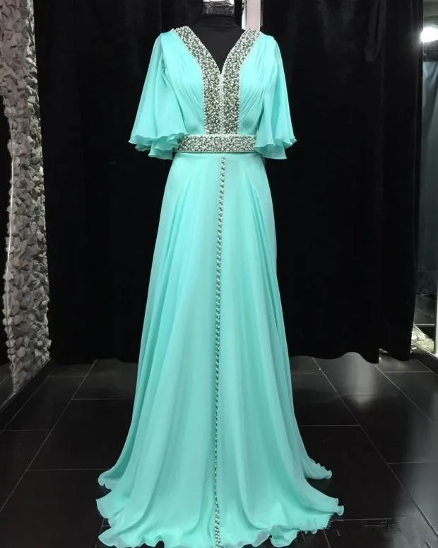 Марокканский Кафтан Вечерние платья bling Блестки блестками Короткие рукава формальное платье для выпускного вечера v шеи abaya муслин длинные халаты de soiree