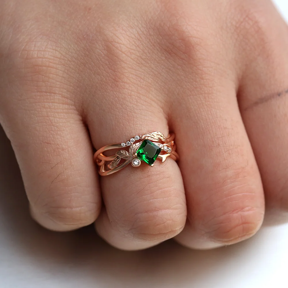 Wedding Rings Finger Rings Womens Ring Jewelry Rings Ring Jewelry Cubic Zircon Ring Romantic Irregular Plant Rings With Gepmetric Green Cubic Zircon Stone Fresh Leaves Band Design Engagement Rings