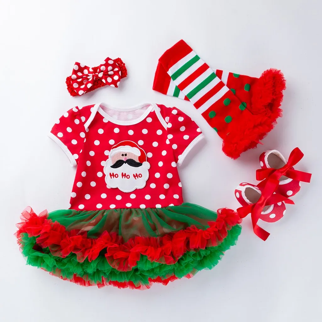Рождественский комплект из 4 предметов для маленьких девочек; комбинезон с принтом Санта-Клауса; комплект одежды с юбкой; повседневная одежда с длинными рукавами; осенний костюм для новорожденных