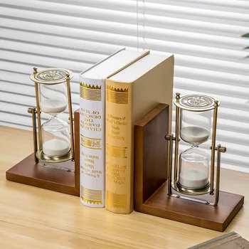 

Wooden Bookend Hourglass Office Decoration Rotating Metal Hour Glass 2-in-1 Bookend Timer Study Room Ornament Housewarming Gift