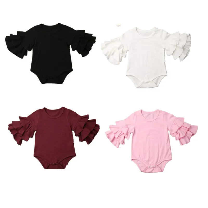 

Baby Bodysuit 2019 Newborn Baby Girls Clothes Layers Ruffle Long Sleeve Solid Bodysuit Jumpsuit Outfit