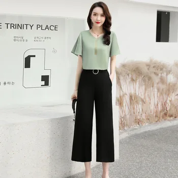 

Fashion Set 2020 Summer Hot Selling Elegant Korean-style WOMEN'S Wear Solid Color Fashion T-shirt Loose Pants Two-Piece Set Z904