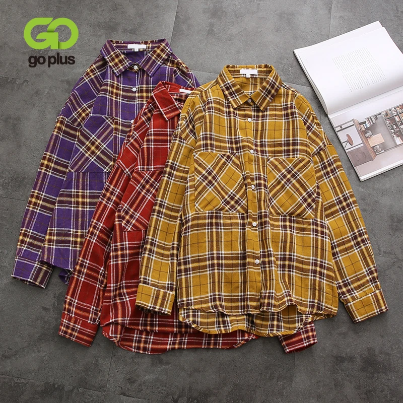 

GOPLUS Women's Blouse Plaid Yellow Red Purple Shirt Streetwear Women Tops Camisas Mujer Haut Chemisier Femme Dames Kleding C9681