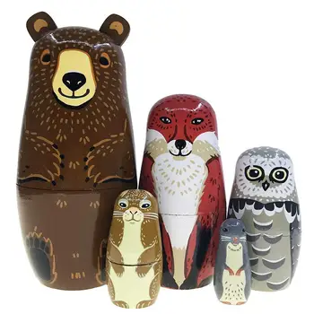 

5Pcs/Set Cute Bear Fox Animal Wooden Russian Decoration Art Crafts Matryoshka Dolls Nesting Kids Toy gift for children