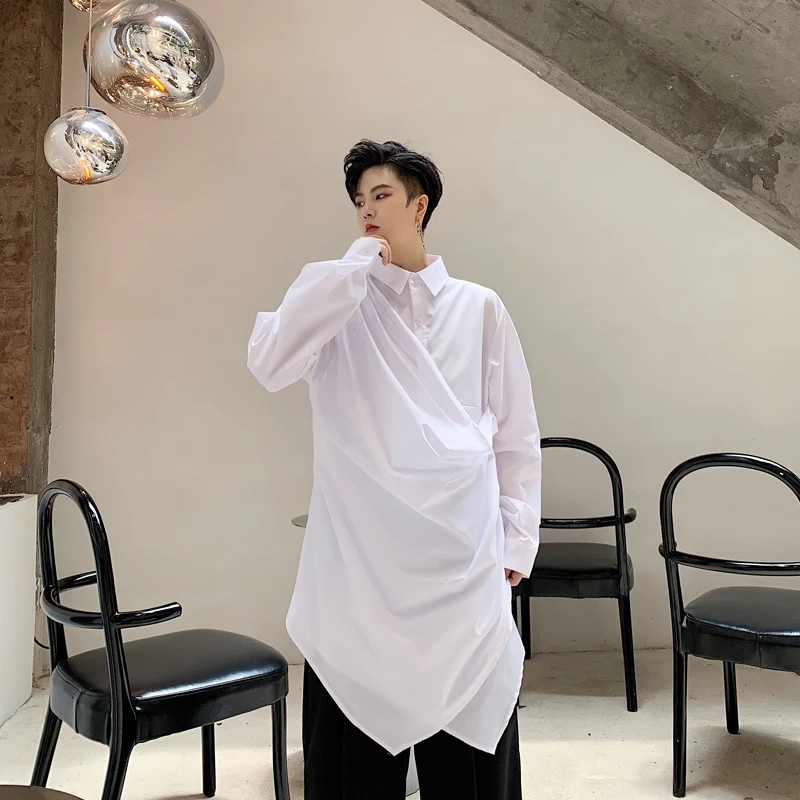 S~ 6XL! Размер на заказ плюс новая мужская Оригинальная дизайнерская необычная одноцветная тонкая рубашка средней длины с длинными рукавами - Цвет: Белый