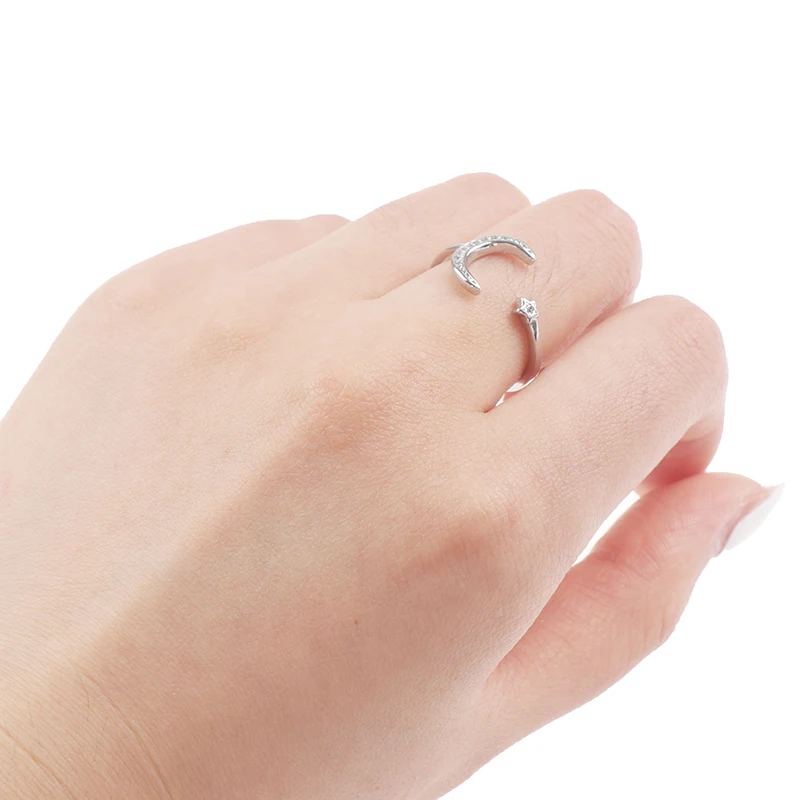 1Pcs 925 Sterling Silver Minimalist Zircon Moon Star Opening Ring For Charming Women Party Fine Jewelry Cute Gift