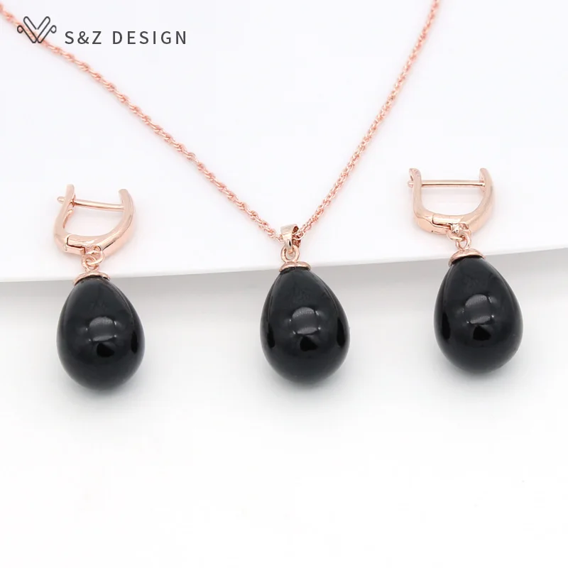 S&Z DESIGN New Fashion Imitation Pearls Water Drop Earrings 585 Rose Gold Color Jewelry Sets For Women Wedding Party Jewelry