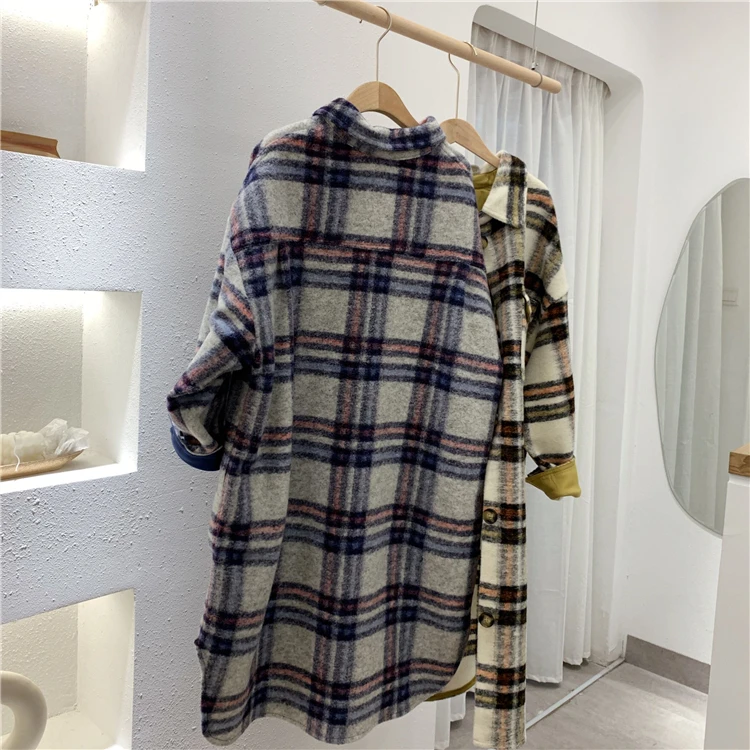 Women Elegant Woolen Coat Plaid Print Wool Turn Down Collar OG0696