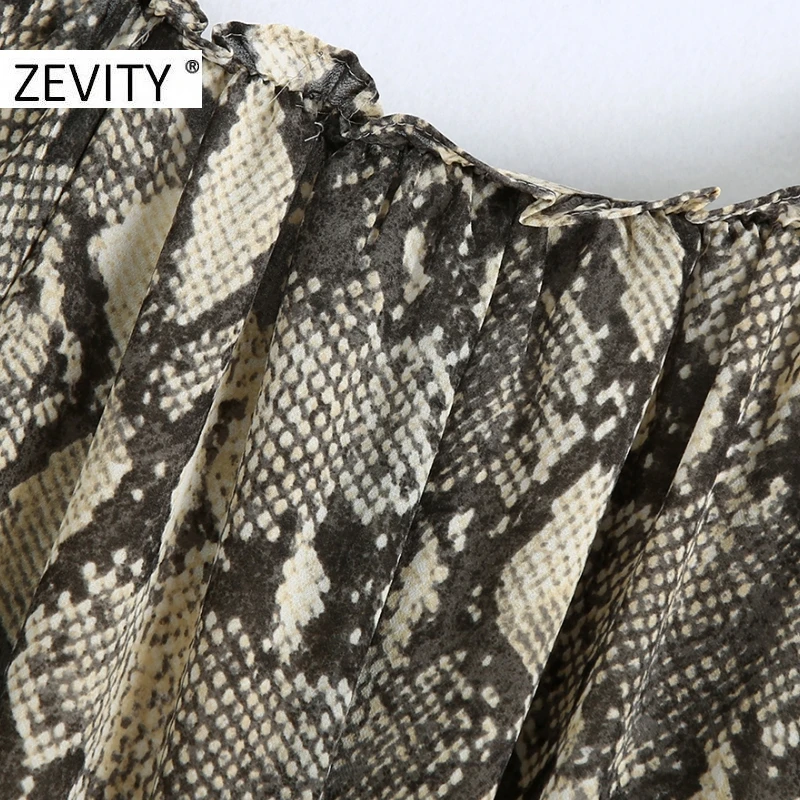 ZEVITY women vintage snake skin print sashes midi dress female animal texture pleated ruffles kimono vestido chic dresses DS4474