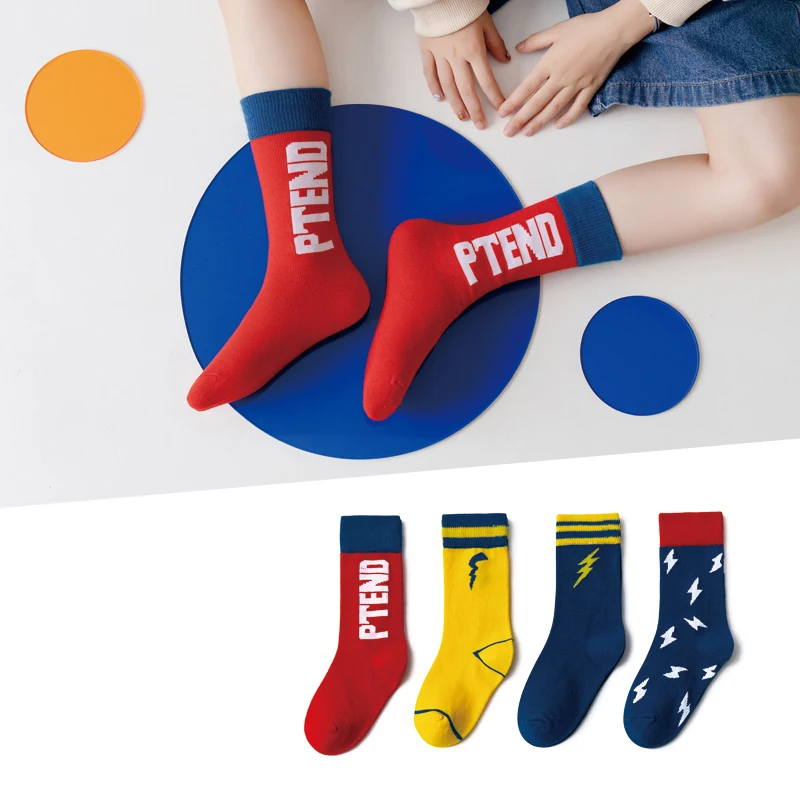 가을 겨울 코튼 소재 따뜻한 어린이 면 양말 4 켤레/세트, 멋진 번개 패션 다채..