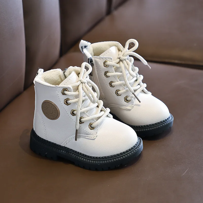 White AFDSWG girls Martin boots new winter boys leather boots British style short boots plus velvet thick cotton shoes children boots - Цвет: White