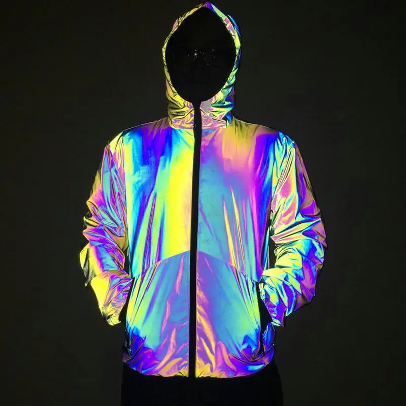 Rainbow Jacket Men Reflective Light Hooded Top Coat Spring Autumn Hip