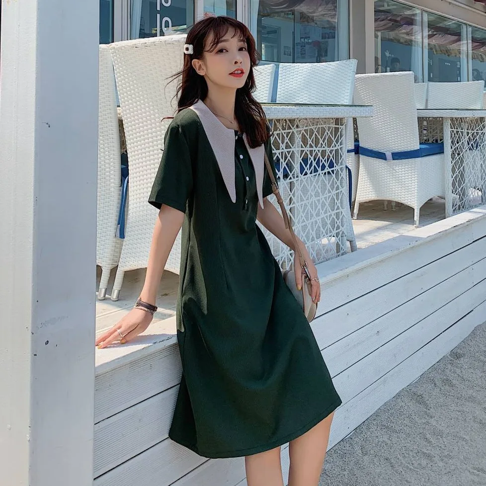 

Photo Shoot CHIC Ladies' Ol Pink Stripes Mid-length Mixed Colors Front Point Peter Pan Collar Single-Breasted A- line Dress