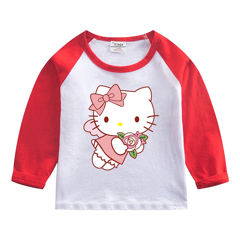 thumbnail image 1 of Hello Kitty-Camiseta de algodón puro para niños, camiseta que absorbe la humedad, Tops contrastantes dulces a la moda, camisetas deportivas informales de manga larga para bebé, 1 of 5