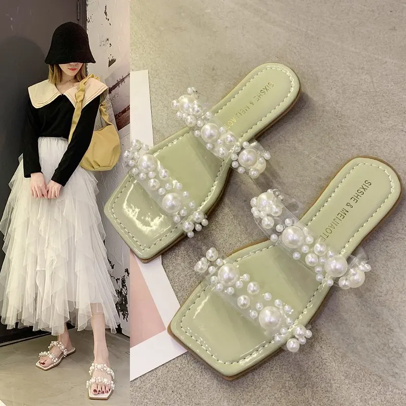 

2020 summer new pearl rhinestone open-toed flat sandals and slippers female wear slip-on toe with beach vacation slippers Z1017