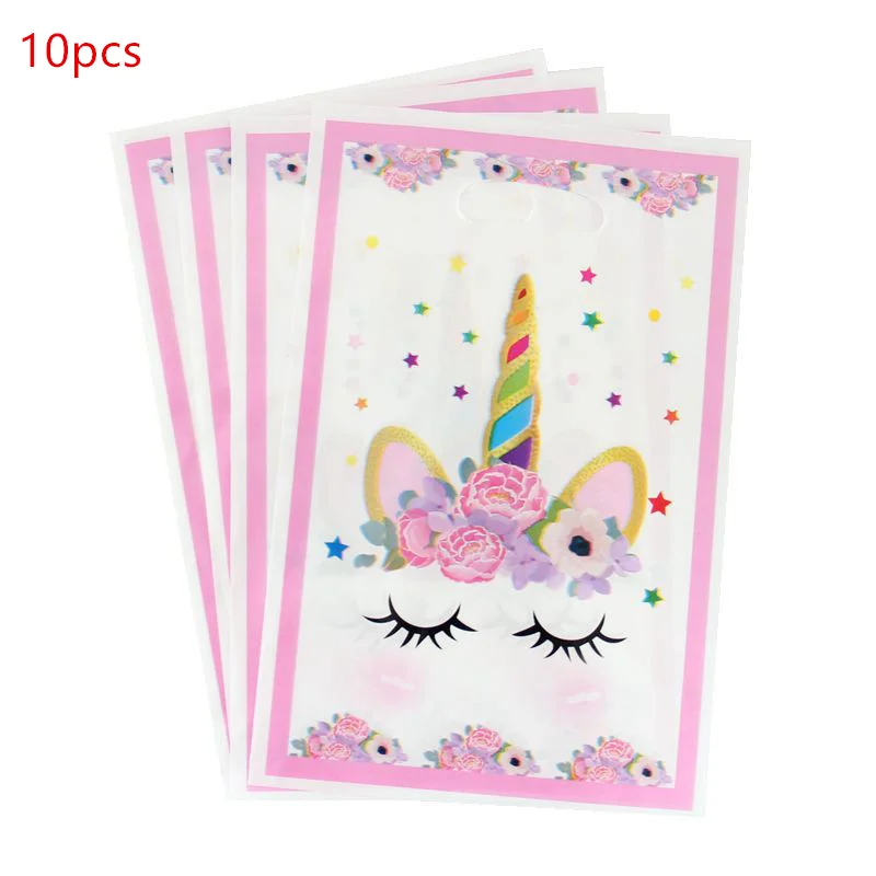 Loot Bag 10pcs 10 шт., розовые тарелки с единорогом, вечерние принадлежности для детского душа, одноразовые тарелки с единорогом, украшения для дня рождения, тарелки с единорогом - Цвет: Loot Bag 10pcs