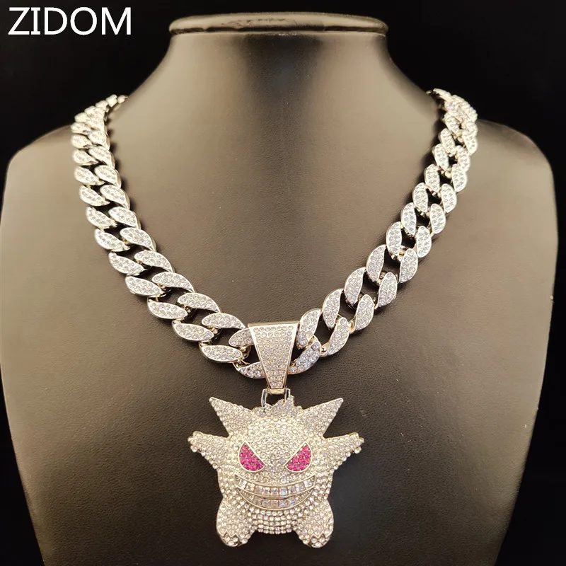 Men/Women Hip hop iced out bling bling Gengar pendant with 15mm width cuban chain Hiphop necklace jewelry fashion gifts