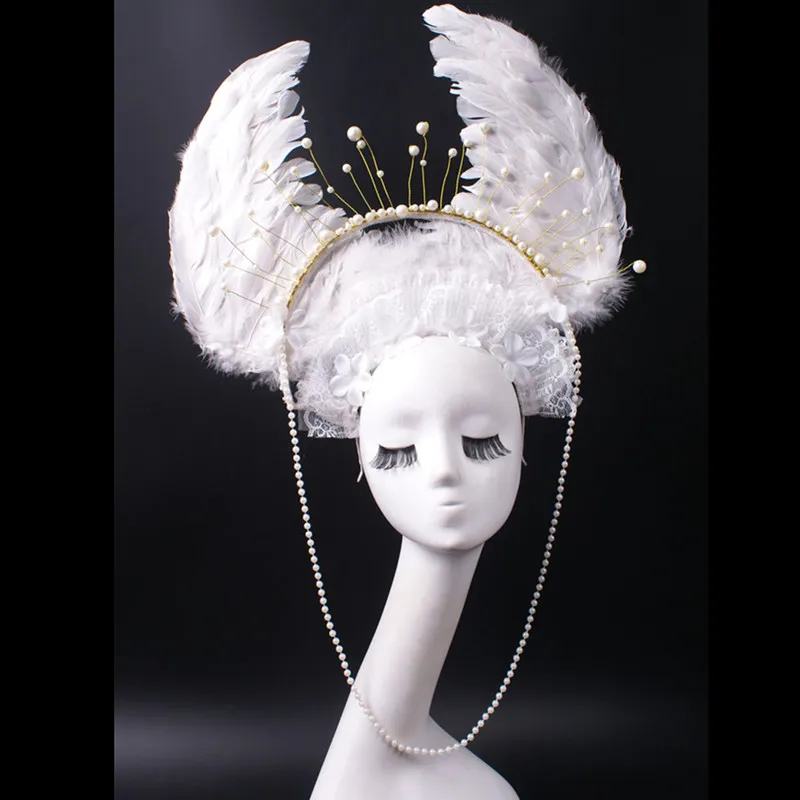 

White Feather Flower Wing Headdress Women Singer Model Catwalk Stage Accessories Exaggerated Headgear Ornament