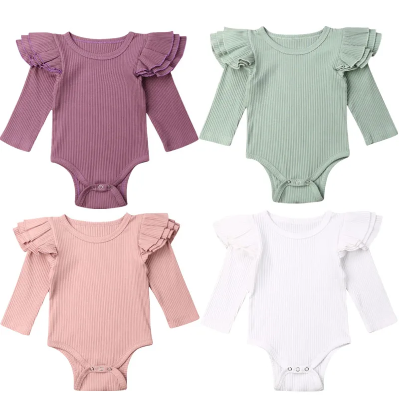 4 вида цветов Одежда для новорожденных девочек топы с длинными рукавами, однотонные Ползунки с оборками, комплект одежды
