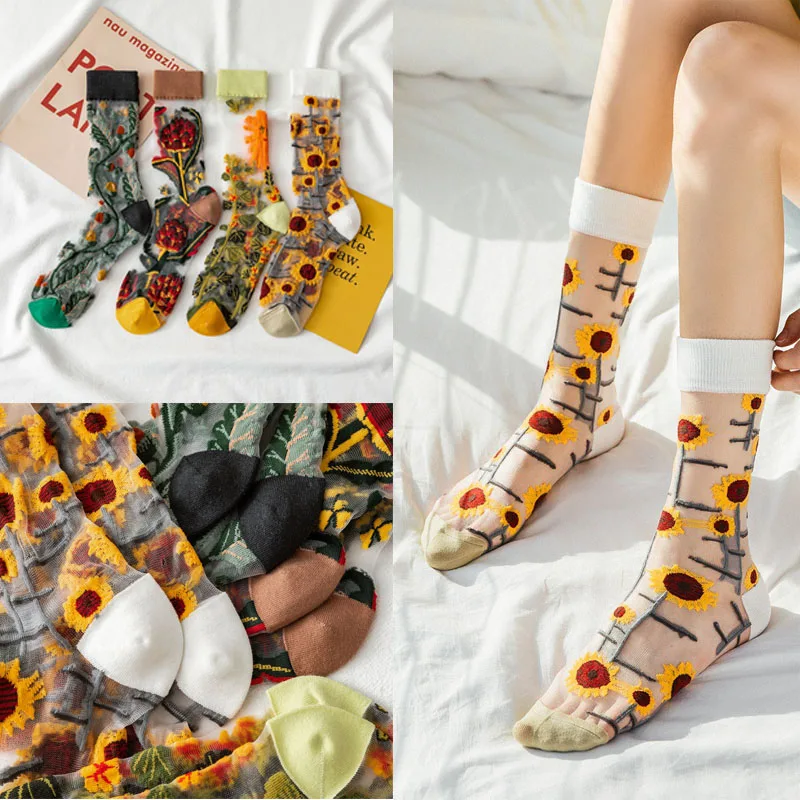 

Korean Style Thin Transparent Funny Socks Women Socks 2020 Sunflowers Cute Sock Women's Fashion Skarpety Lace Sokken