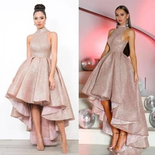 Розовое золото с пайетками арабское выпускное платье г. Высокая горловина размера плюс Высокая Низкая дешевые африканские девушки Формальные пышные вечерние платья