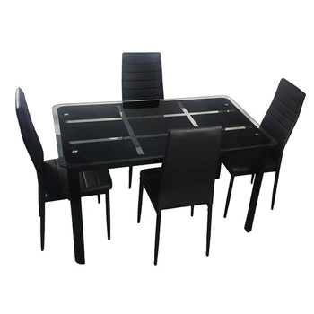 

Rectangle Tempered Glass Dining Table with Nine Block Box Pattern and 4pcs High Backrest Dining Chairs