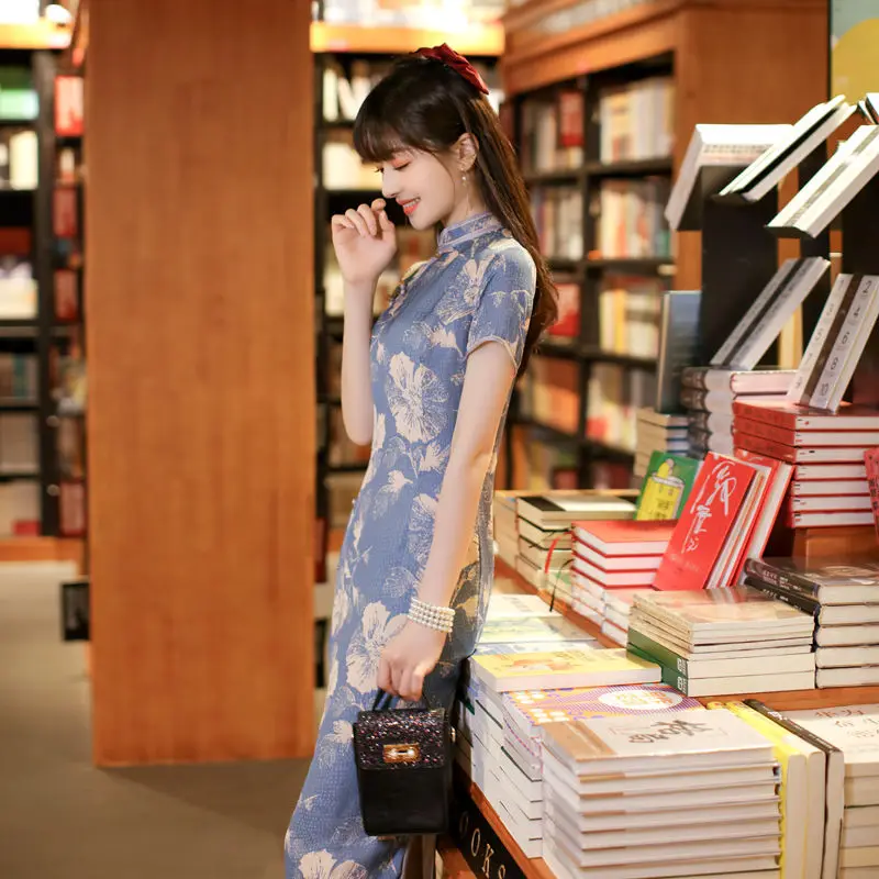 Women Chinese Style Dress Cheongsam Retro Elegant Blue Qipao Cheongsam Plus Size 3XL Vestido China Summer Clothing Qipao