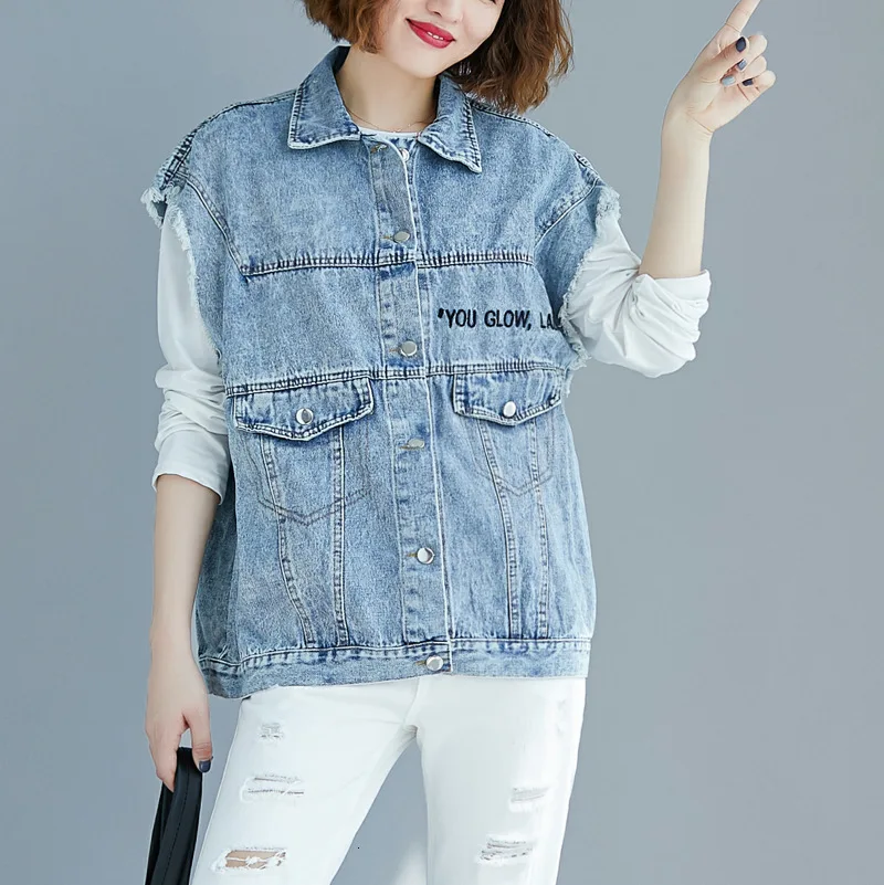 MEVGOHOT Woman Sleeveless Denim Embroidery Vest Plus Size Pockets Casual Loose Autumn Cartoon Embroideired Girl Vest HD2226