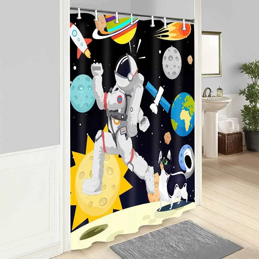 Outer Space Shower Curtain Cartoon Galaxy Astronaut and Cute Cat Animal Pattern Bathtub Screen Waterproof Bathroom Home Decor