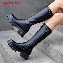 Krazing Pot/зимние теплые сапоги до колена из натуральной кожи с толстой подошвой, круглым носком, на высоком каблуке, с пряжкой, на молнии, в консервативном стиле; L77