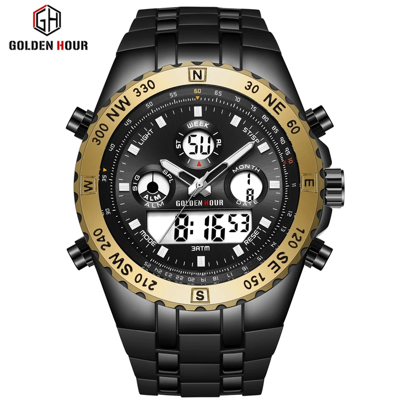 Reloj Hombre GOLDENHOUR мужские часы с большим циферблатом Erkek Kol Saati цифровые армейские