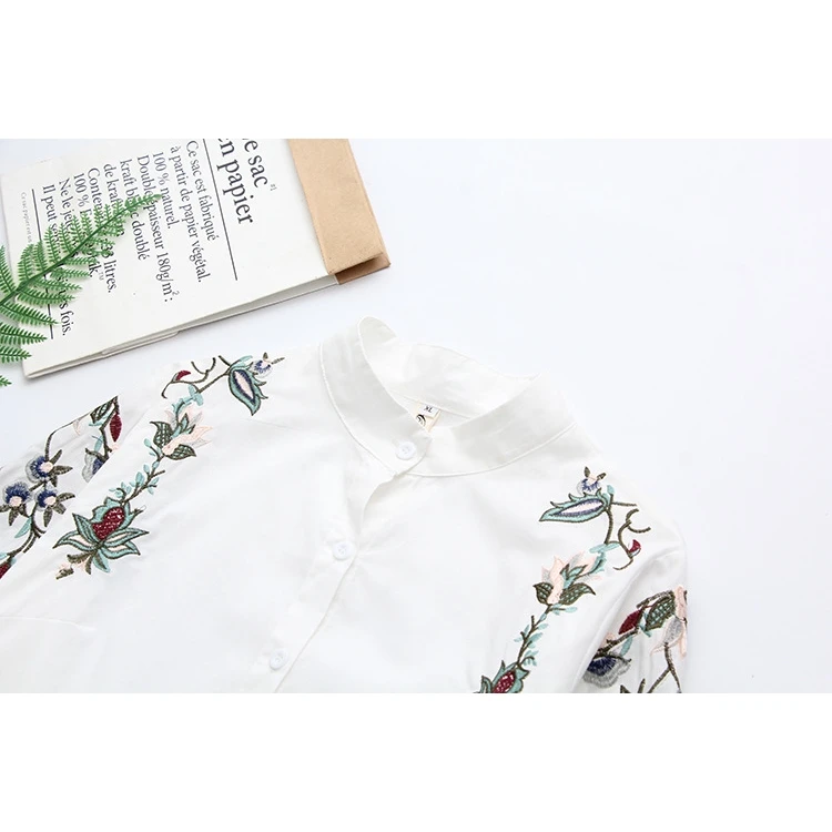 Плюс размер White белая блузка с цветочной вышивкой длинный рукав Blusas офисная одежда