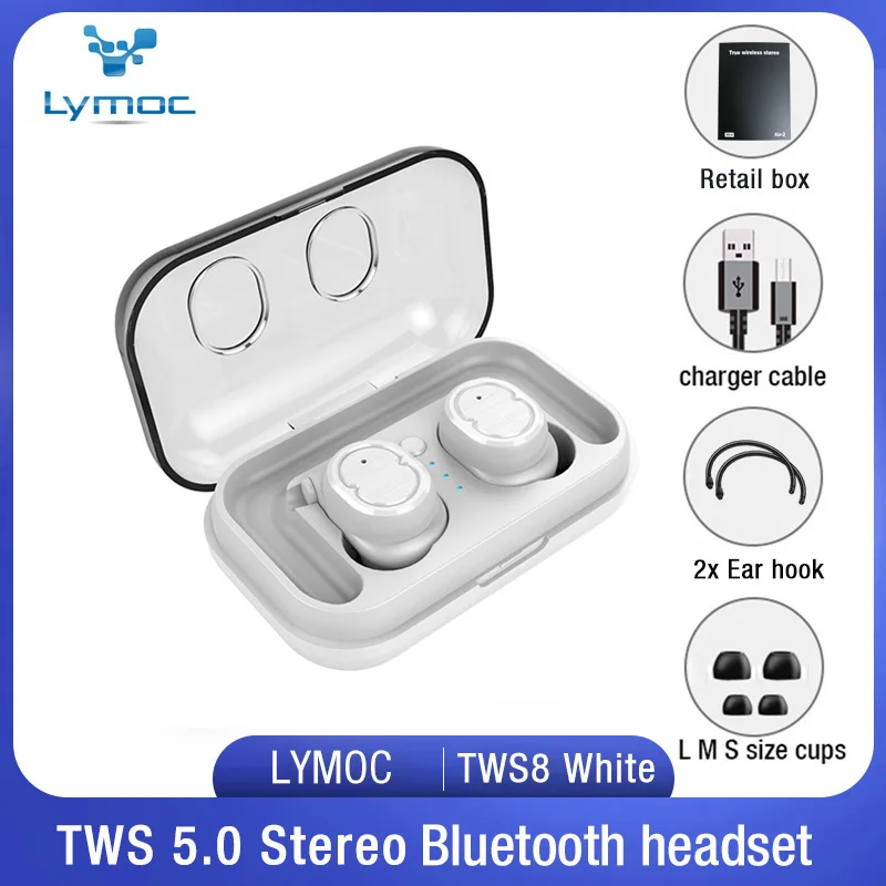 LYMOC TWS8 Bluetooth наушники 5,0 TWS беспроводные наушники мини наушники HiFi Звук Спорт водонепроницаемый HD микрофон громкой связи для всех телефонов - Цвет: White retail box