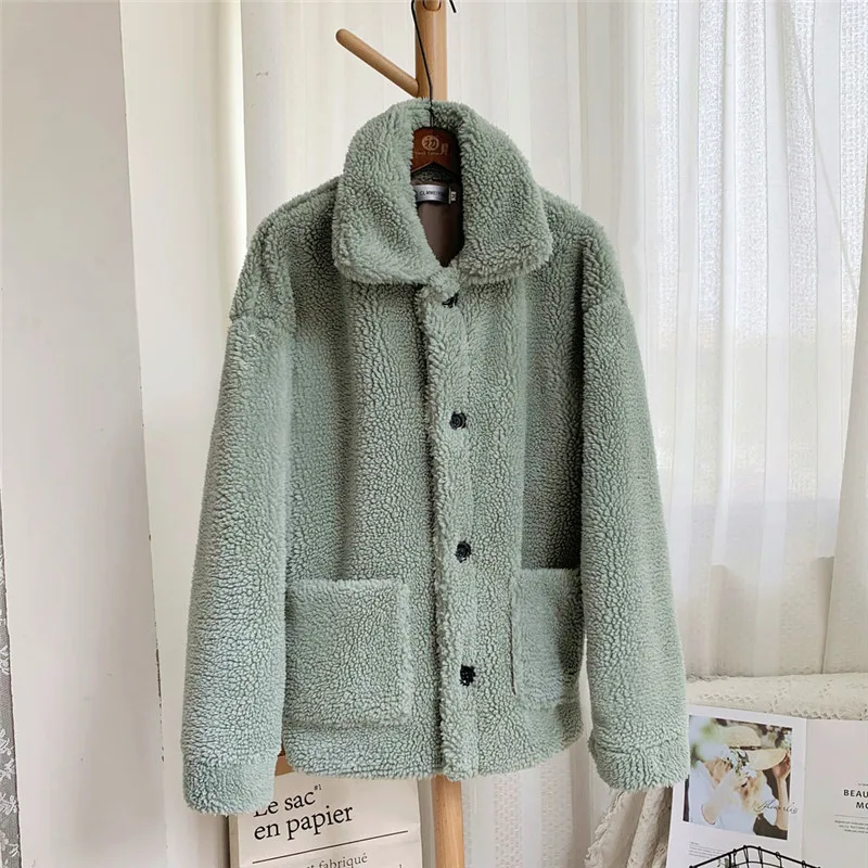 Green Куртки женские модные удобные осенние и зимние пуловеры толстые теплые однотонные повседневные свободные короткие ветровки пальто из овечьей шерсти E28 - Цвет: Green