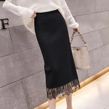 JUAYKALA Женская трикотажная юбка осень и зима высокая талия кружева сумка бедра юбка Сплит юбка длинная юбка хлопок макси юбка