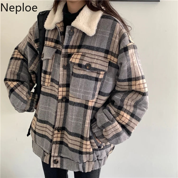 Neploe, шерстяные парки, пальто для женщин, новинка, Осень-зима,, клетчатая куртка, однобортная, Ретро стиль, длинный рукав, утолщенная, хлопковая куртка, 55800