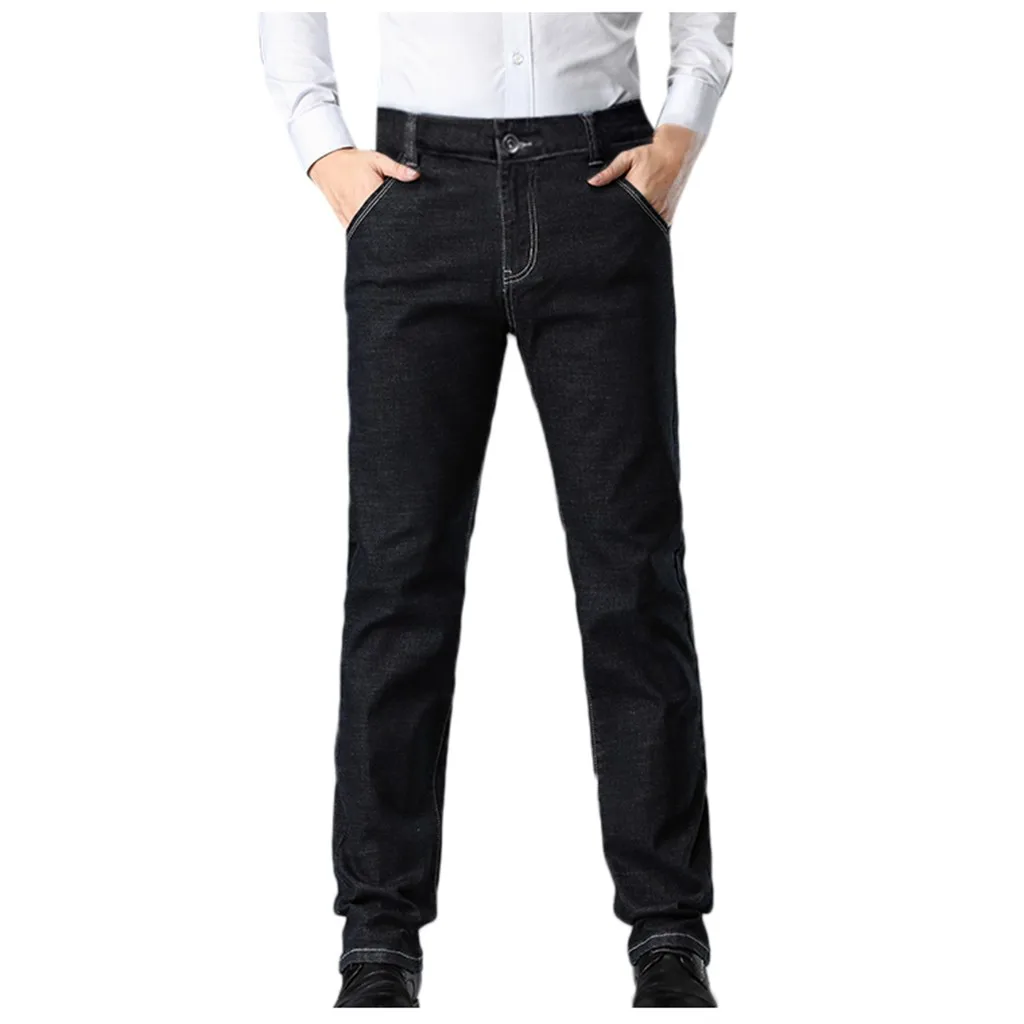 Мужские джинсы Feitong, брендовые, с узором, теплые, черные, средняя талия, джинсовые брюки, мужские, зимние, толстые, бархатные, размера плюс, свободные, деловые брюки - Цвет: Черный