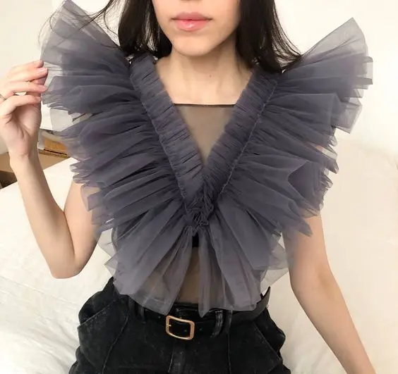 Grey V Neck Sexy Tulle Tops Custom Made Sleeveless Tulle Top Women Party Ruffled Tulle Shirts See Through 2020