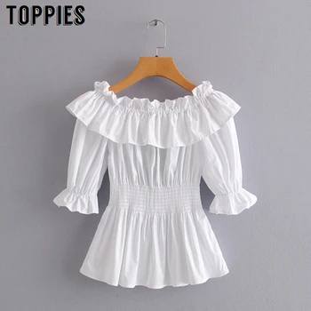 

2020 Summer Sexy Off Shoulder Blouses Tops Women White Cotton Tops Cascading Ruffles Shirts Loltia Girls