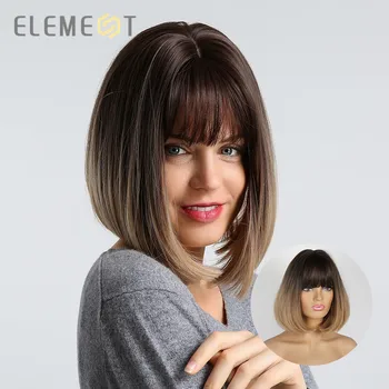 

Element Synthetic Short Straight Bob Wigs for White/Black Women Ombre Brown Blonde Cosplay Party or Daily Wigs with Bangs