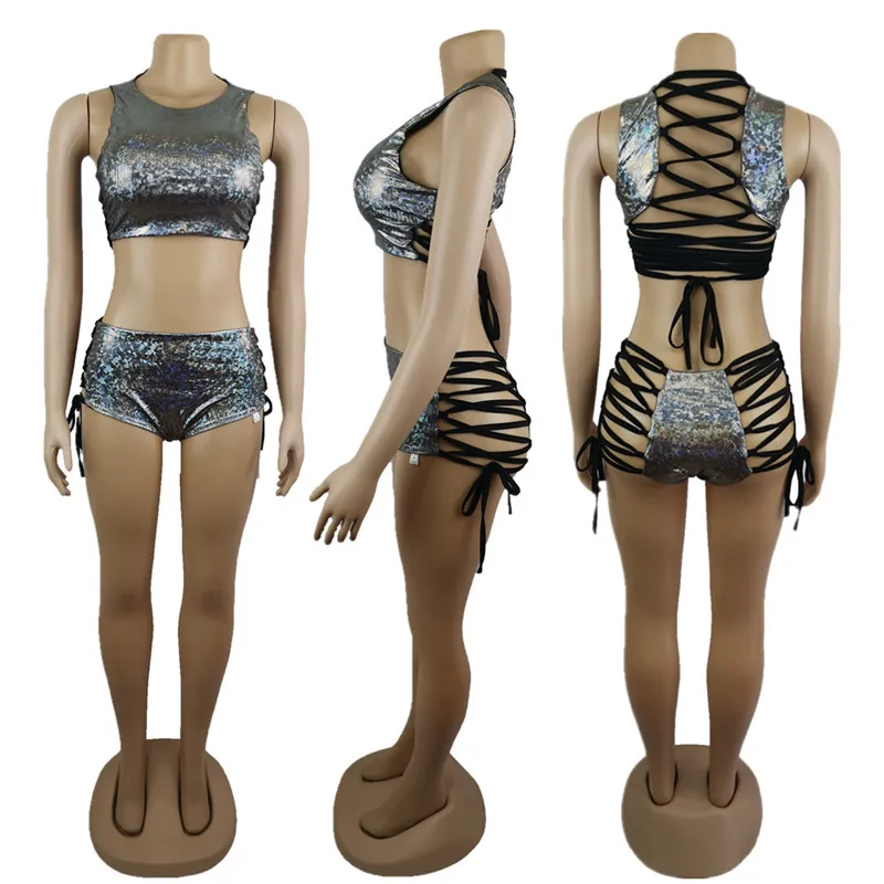 2 Piece Sets Holographic Crop Top And Hot Shorts Women Sexy Lace Up Festival Party Rave Clothing Two Piece Set