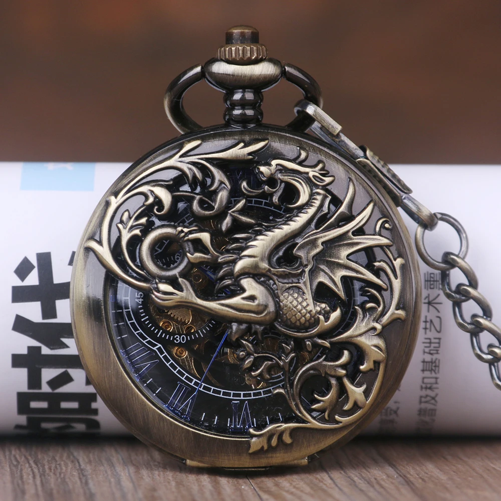 

5pcs Vintage Dragon Hollow Mechanical Pocket Watch Retro Skeleton Roman Numerals Bronze Fob Watch with Chain Men Women