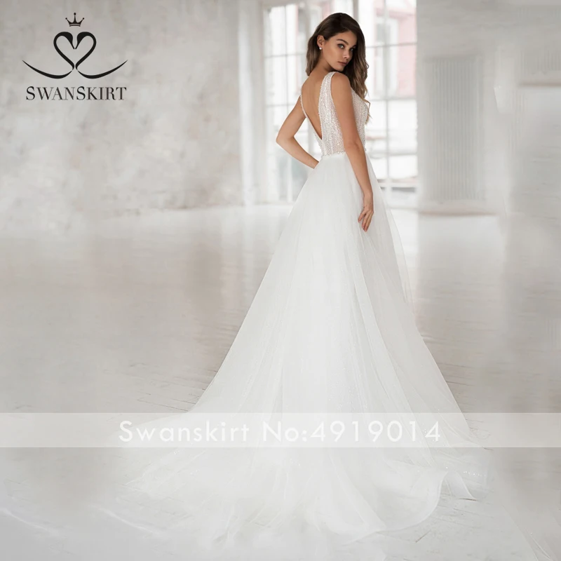 Фея бисером тюль свадебное платье Swanskirt NR11 v-образным вырезом Иллюзия шифон A-Line спинки суд Поезд свадебное платье Vestido De Noiva