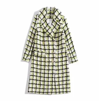 

European and American women's clothing 2019 winter new style Long sleeve lapel Green plaid double-breasted Cloth coat