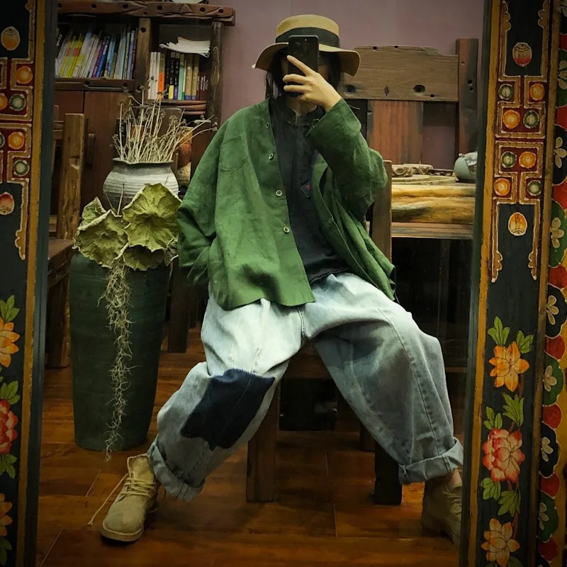 luo gu ni Origional Autumn Shirt Collar Linen Coat Have Lining 1565